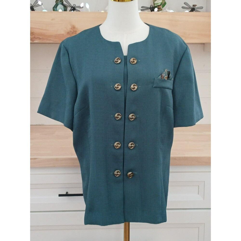 Vintage Leslie Fay Teal Short Sleeve Blazer Jacket Gold Buttons Women's Size 16
